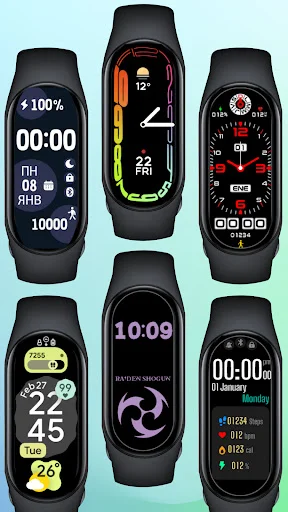 Six Mi Band 8 smartwatch faces with digital, analog, and minimal design styles displayed on actual smartwatch devices