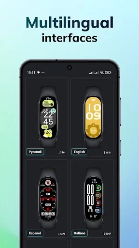Mi Band 8 watch faces app showing multilingual watch face options with English, Русский, 日本語, and Italiano labels