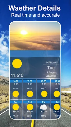 Real-time Weather Details screen showing current temperature of 41.6°C with hourly and daily forecasts in Sharjah