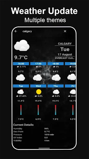 Weather Update screen with multiple themes showing Calgary forecast with temperature, hourly data, and current details