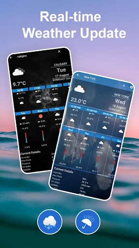 Real-time Weather Update comparing Calgary and New York forecasts side-by-side with different themed weather displays