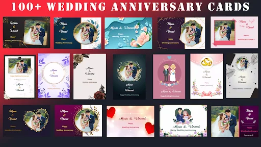 Collection of 100+ wedding anniversary card templates featuring diverse themes and decorative styles