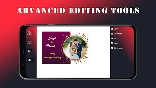Advanced editing tools interface showing card design with photo editing, text, icons, and image options