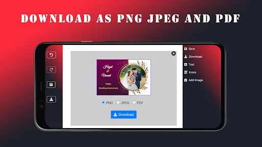 Download options for completed wedding card as PNG, JPEG, and PDF formats with blue Download button