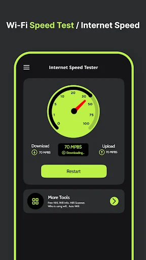 Internet Speed Tester app showing main speed test interface with green gauge measuring 70 MBPS download speed, upload speed indicator, and Restart button to rerun test