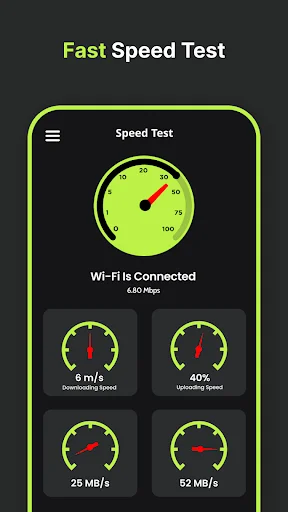 Fast Speed Test screen displaying primary speed gauge with multiple speed metric boxes showing download speeds, upload speeds, and percentages for internet connectivity