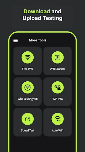 More Tools menu in Internet Speed Tester app with six feature icons including Free Wifi, WiFi Scanner, Who is using wifi, WiFi Info, Speed Test, and Auto WiFi options