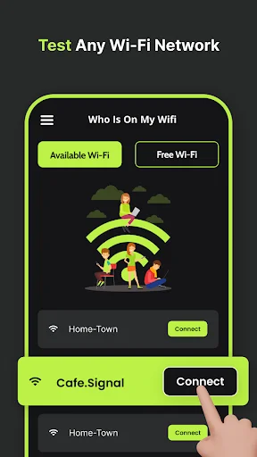 Who Is On My Wifi screen showing available Wi-Fi networks list with network names and green Connect buttons to test and connect to different networks