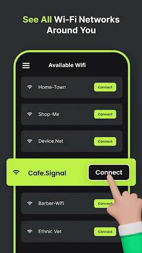 See All WiFi Networks Around You feature displaying comprehensive list of available Wi-Fi networks with connection buttons and network identification for scanning