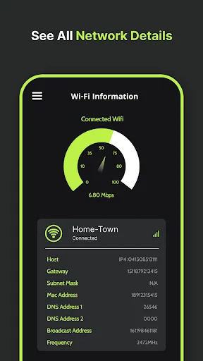 See All Network Details screen showing connected WiFi information with speed gauge displaying 6.80 Mbps and technical network data including Host, Gateway, and DNS