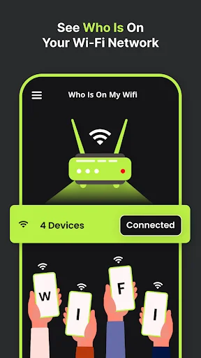 See Who Is On Your WiFi Network screen showing router illustration with 4 connected devices indicator and hands holding phones representing connected users on network