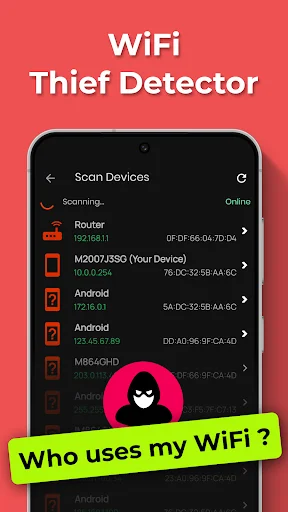 WiFi Thief Detector scanning for connected devices, displaying router, Android devices, and MAC addresses on network