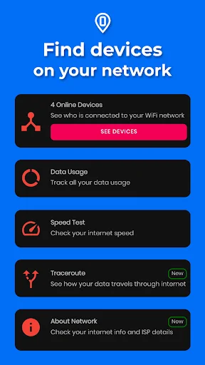 WiFi Thief Detector main features: find connected devices, track data usage, speed test, and traceroute tools