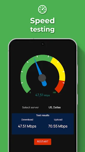 Internet speed test interface displaying download 47.51 Mbps and upload 70.55 Mbps with gauge visualization