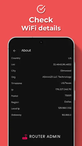 WiFi network details showing IP address, location, timezone, ISP information, and router admin access