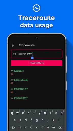 Traceroute tool for tracing internet connection path through IP addresses with search and results display
