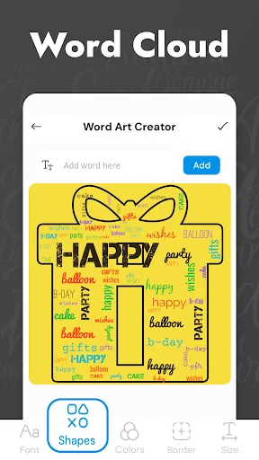 Word cloud maker with square-shaped word art displaying 'HAPPY' in multiple colors and languages, shape customization active
