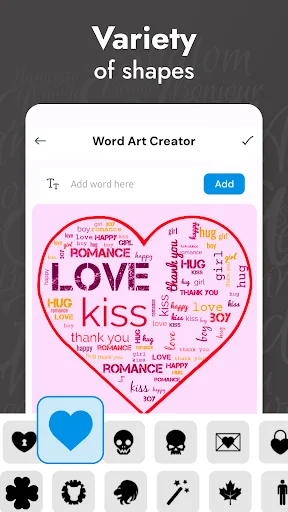 Word cloud maker creating heart-shaped word art with 'LOVE' and romantic words, shape variety options including symbols visible