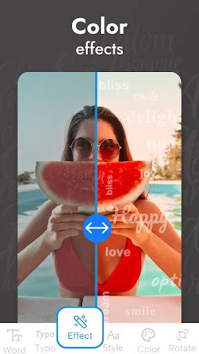 Word art creator with photo color effects preview, adjustable color slider for customizing word cloud design appearance