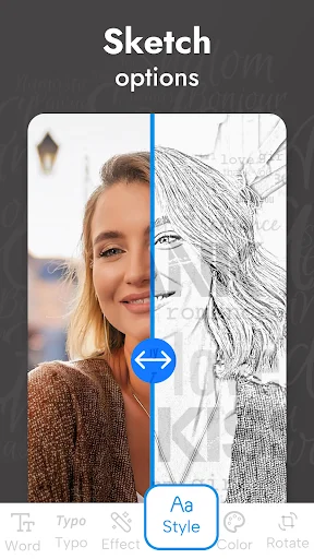 Word art creator with sketch style effect preview showing split-screen portrait transformation and sketch customization
