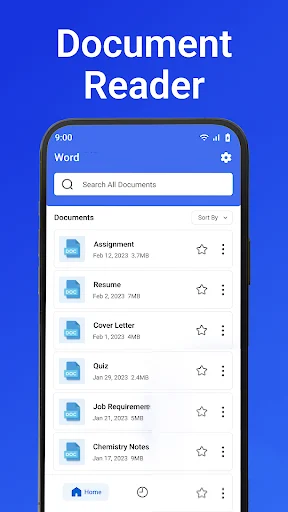 Word Office Docs Reader displaying searchable document list including Assignment, Resume, Cover Letter, Quiz, and Job Requirements files
