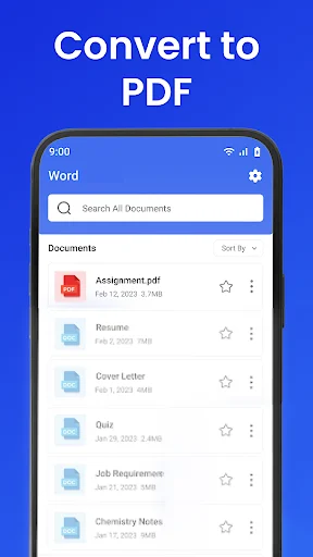 Word document converted to PDF format shown in Word Office Docs Reader library with document list and file management options