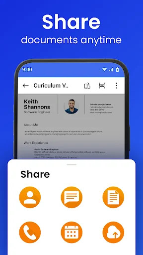 Document sharing menu in Word Office Docs Reader with contact, email, phone, calendar, and cloud sharing options for collaboration