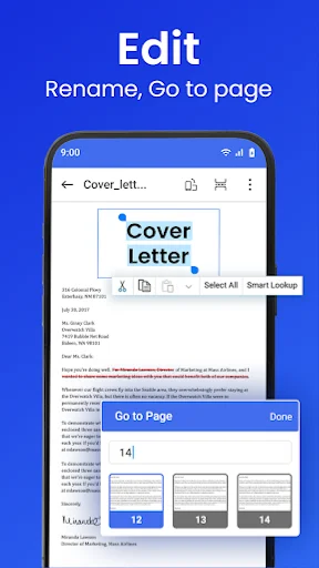 Word Office Docs Reader document editing interface with Go to Page navigation dialog showing page thumbnails and number selection