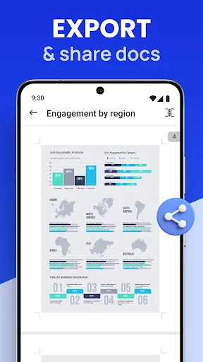 Word Office document with data analytics report content and share button for exporting documents to other apps
