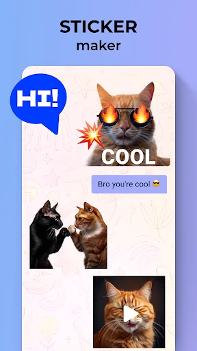 WhatsApp sticker maker home screen displaying example cat stickers with text labels and emoji effects