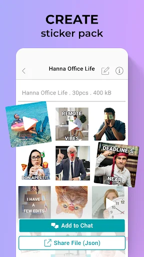 Create WhatsApp sticker pack interface showing Hanna Office Life pack with 30 stickers in grid layout and Add to Chat button