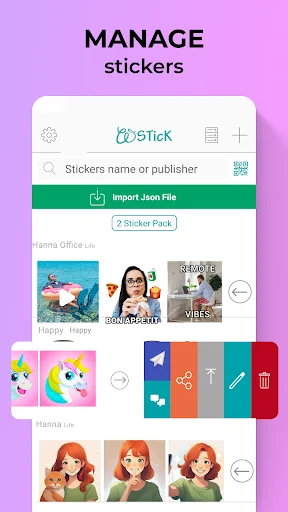 Manage stickers screen with WSTicK search bar, Import Json option, and sticker pack library management features