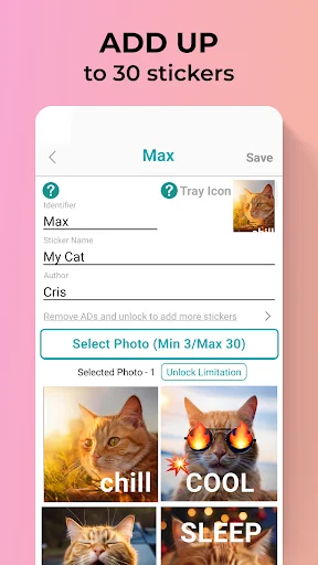 Add multiple stickers batch builder showing pack creation with photo selection and up to 30 cat stickers with labels