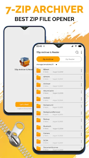 Zip RAR archiver app showing folder list with file extraction and compression features for Android