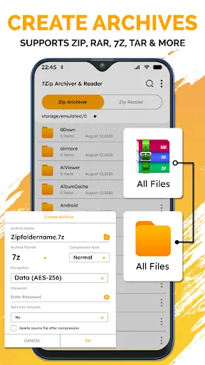 Create archives dialog supporting ZIP, RAR, 7Z, TAR formats with file browser and options