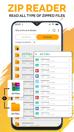 Zip reader file browser displaying various file types with extraction and management capabilities